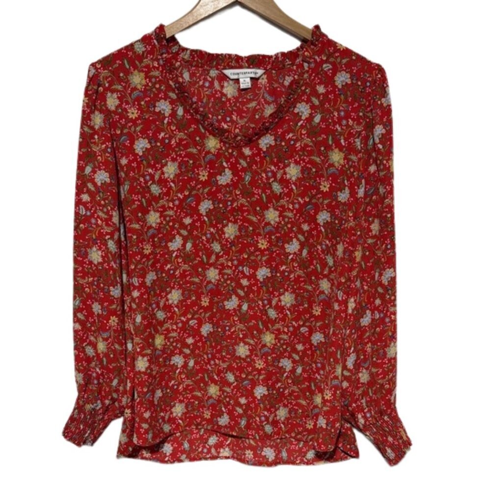 Floral Smocked Cuff Blouse XL Long Sleeve Red Boho Cottagecore Lightweight Chic